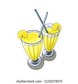Isolated vector illustration of two high glasses of lemon cocktail with pieces of fruit.