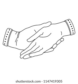 Isolated vector illustration of two holding human hands. Black and white linear silhouette.