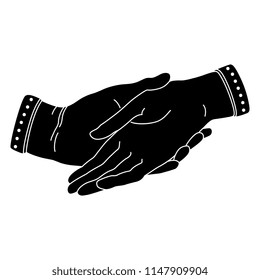 Isolated vector illustration of two holding human hands. Black and white linear silhouette.