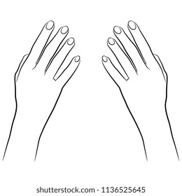 Isolated vector illustration of two human female hands. Hand drawn linear sketch. Black silhouette on white background.