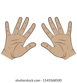 Isolated vector illustration of two human palms with open fingers.. Hand drawn linear sketch. Cartoon style.