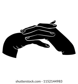 Isolated vector illustration. Two human hands with intertwined fingers. Hand drawn linear sketch. Black and white silhouette.