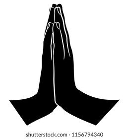 Isolated vector illustration. Two human hands in namaste gesture. Black and white silhouette. Cartoon style.