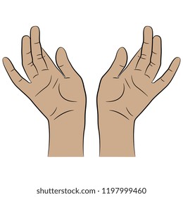 Isolated vector illustration. Two human female open palms or hands in greeting gesture. Hand drawn linear sketch. Cartoon style.