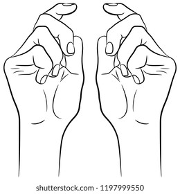 Isolated vector illustration of two human hands. Hand drawn linear sketch. Black silhouette on white background.