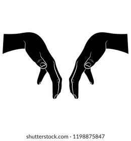 Isolated vector illustration. Two human hands in conjuring gesture. Halloween style. Black and white linear silhouette.