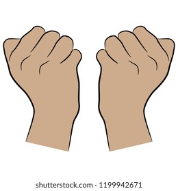 Isolated vector illustration. Two human Caucasian hands clenched in fists. Hand drawn linear sketch. Cartoon style.