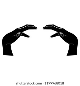 Isolated vector illustration. Two human hands in conjuring gesture. Halloween style. Black and white linear silhouette.