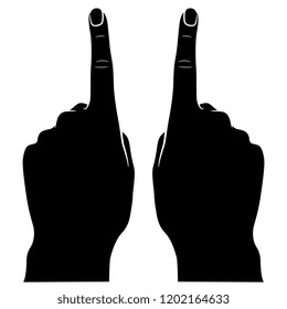 Isolated vector illustration. Two human hands pointing up with index finger. Cartoon style. Black and white linear silhouette.