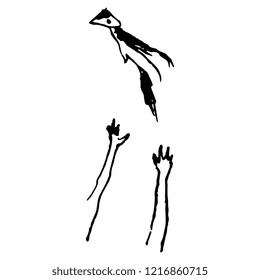 Isolated vector illustration. Two human hands catching a bird. Hand drawn doodle style ink sketch. Black silhouette on white background.
