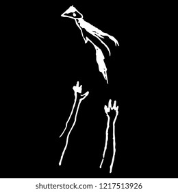 Isolated vector illustration. Two human hands catching a bird or a flying witch. Hand drawn doodle style ink sketch. Black silhouette on white background.