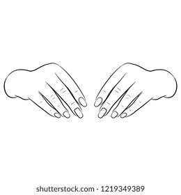 Isolated vector illustration. Two human hands. Front view. Hand drawn linear sketch. Black silhouette on white background.