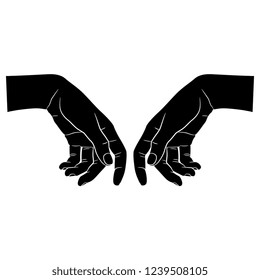 Isolated vector illustration. Two human female hands in elegant relaxed gesture. Black and white linear silhouette. Cartoon style.