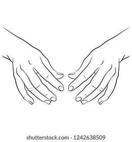 Isolated vector illustration. Two human female hand in elegant holding gesture. Hand drawn linear sketch. Black silhouette on white background.