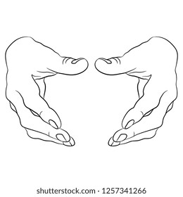Isolated vector illustration. Two human male hands in holding gesture. Front view. Hand drawn linear sketch. Black silhouette on white background.