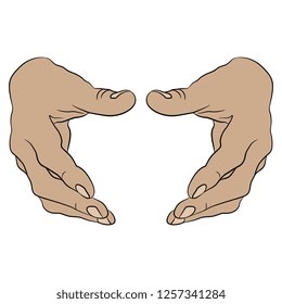 Isolated vector illustration. Two human male Caucasian hands in holding gesture. Front view. Hand drawn linear sketch. Black silhouette on white background.