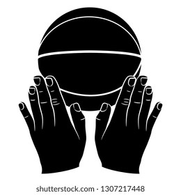 Isolated vector illustration. Two human hands catching a basketball ball. Black and white silhouette. Sport logo or emblem.