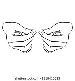 Isolated vector illustration. Two human female hands in holding gesture. Hand drawn linear sketch. Black silhouette on white background.