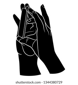 Isolated vector illustration. Two human hands making photo with a cell phone. Black and white linear silhouette. Cartoon style.