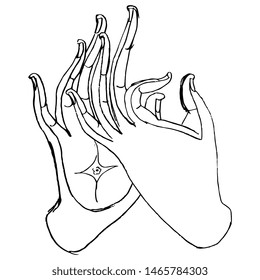 Isolated vector illustration. Two human hands in Buddhist style. Hand drawn doodle sketch. Black silhouette on white background.
