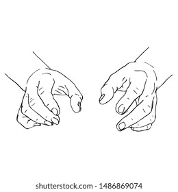 Isolated vector illustration. Two human male hands in holding gesture. Hand drawn linear sketch. Black and white silhouette.