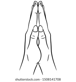 Isolated vector illustration. Two human hands folded in pray. Black and white linear silhouette.