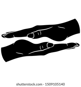 Isolated vector illustration. Two human hands in pressing gesture. Black and white silhouette.