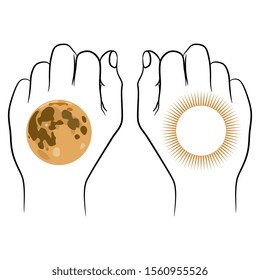 Isolated vector illustration. Two human fists with symbols of sun and moon. Concept of polarity. Inner energy.