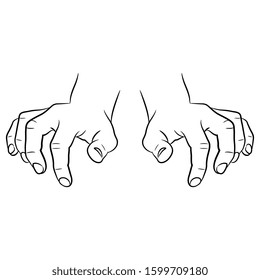 Isolated vector illustration. Two human male hands with clenched fingers. Typing gesture. Front view. Black and white linear silhouette.