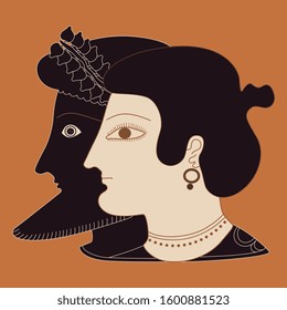 Isolated vector illustration. Two human heads in profile. Ancient Greek woman and god Dionysus.