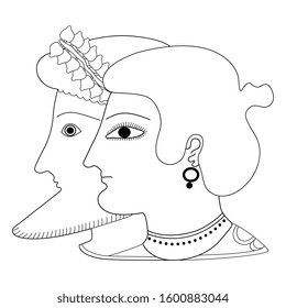 Isolated vector illustration. Two human heads in profile. Ancient Greek woman and god Dionysus. Black and white linear silhouette.
