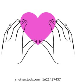 Isolated vector illustration. Two human hands holding stylized heart. Romantic Valentine's Day decor.