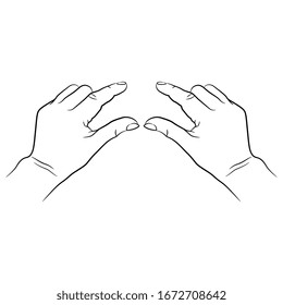 Isolated vector illustration. Two human female hands in measuring or pinch gesture. Black and white linear silhouette. Cartoon style.