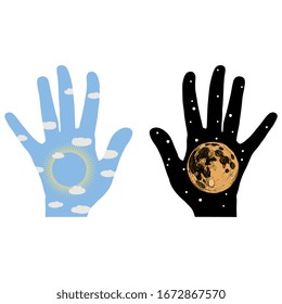 Isolated vector illustration. Two human palms as day and night. Dualism of nature. Creative concept.