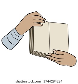 Isolated vector illustration. Two human hands holding open book or Bible. Cartoon style.