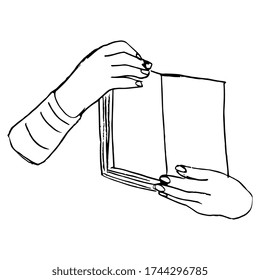 Isolated vector illustration. Two human hands holding open book or Bible. Hand drawn linear doodle sketch. Black silhouette on white background.
