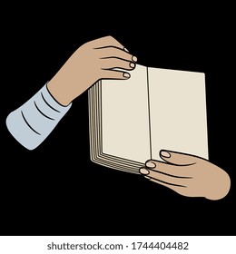 Isolated vector illustration. Two human hands holding open book or Bible. Cartoon style.