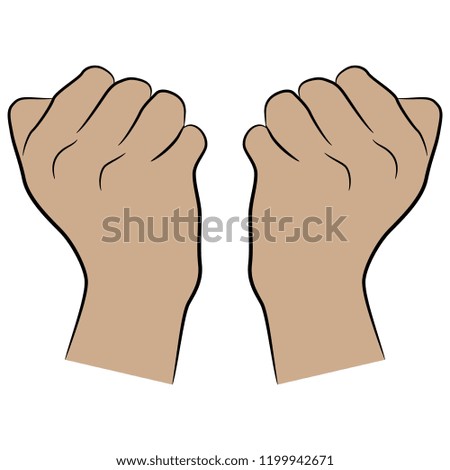 Isolated vector illustration. Two human Caucasian hands clenched in fists. Hand drawn linear sketch. Cartoon style.
