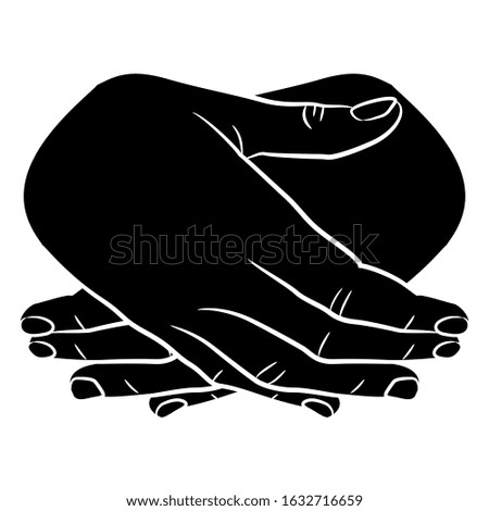 Isolated vector illustration. Two human hands in folded gesture. Black and white silhouette.