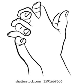Isolated vector illustration. Two interlocked human hands with intertwined fingers. Gesture of thinker. Black and white linear silhouette.