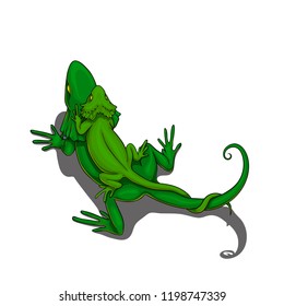 Isolated vector illustration of two lizards, little one on the back of the big one, parent with its child.