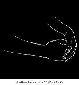 Isolated vector illustration. Two locked female hands. Hand drawn linear sketch. White silhouette on black background.