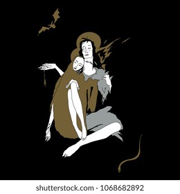 Isolated vector illustration. Two lovers after death. Male and female archetypes. Based on hand drawn original style art.