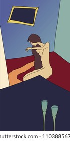 Isolated vector illustration. Two lovers in a room. Hand drawn original style art.
