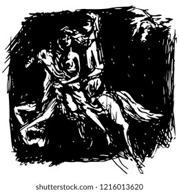 Isolated vector illustration. Two lovers riding a horse in dark night. Hand drawn original art sketch. Black silhouette on white background. 