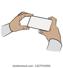 Isolated vector illustration. Two male hands holding a cell phone or taking a picture. Cartoon style.