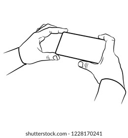  Ilustración vectorial aislada. Dos manos masculinas sosteniendo un teléfono celular o tomando una foto. Estilo de caricatura. Silueta lineal en blanco y negro.