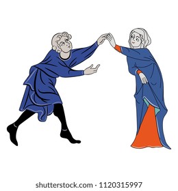 Isolated vector illustration of two medieval characters. Dancing man and woman. 