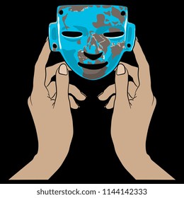Isolated vector illustration. Two modern human hands holding an ancient Mayan mask. Cartoon style. On black background.
