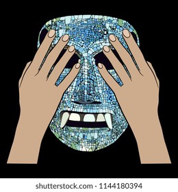 Isolated vector illustration. Two modern female hands closing eyes of ancient Mexican Pre-Columbian Mixtec mosaic mask. Cartoon style. Beauty and the beast.